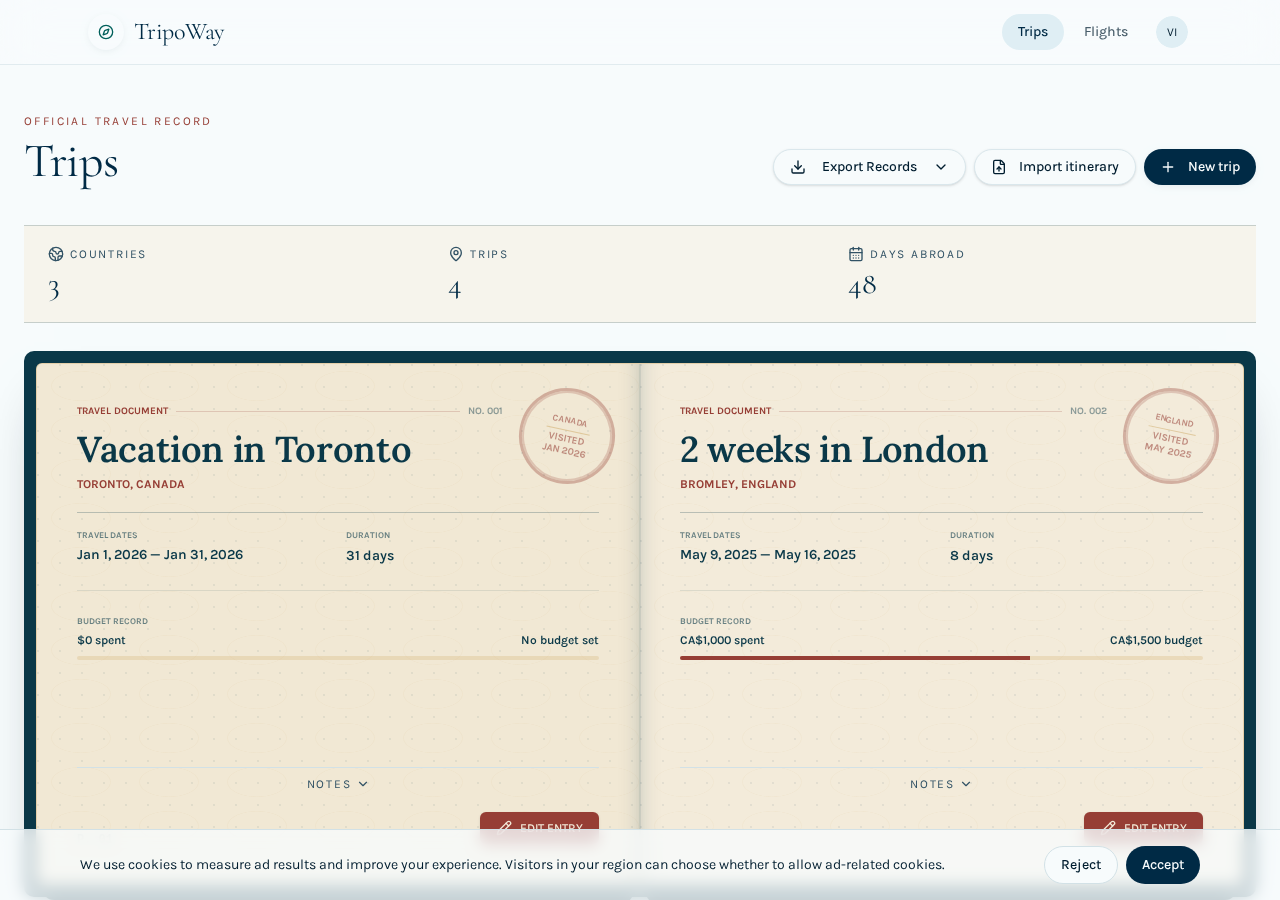 TripoWay passport-style travel record with stamped trip entries and travel stats
